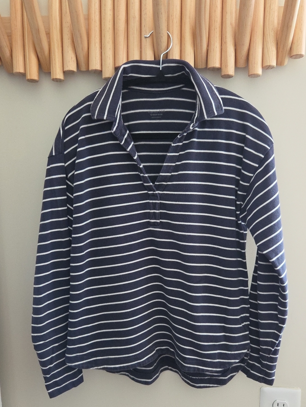 Garnet Hill Navy & White Striped Long Sleeve Polo